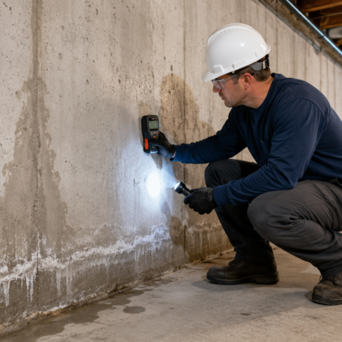 Basement waterproofing contractor inspecting a damp foundation wall in New Jersey