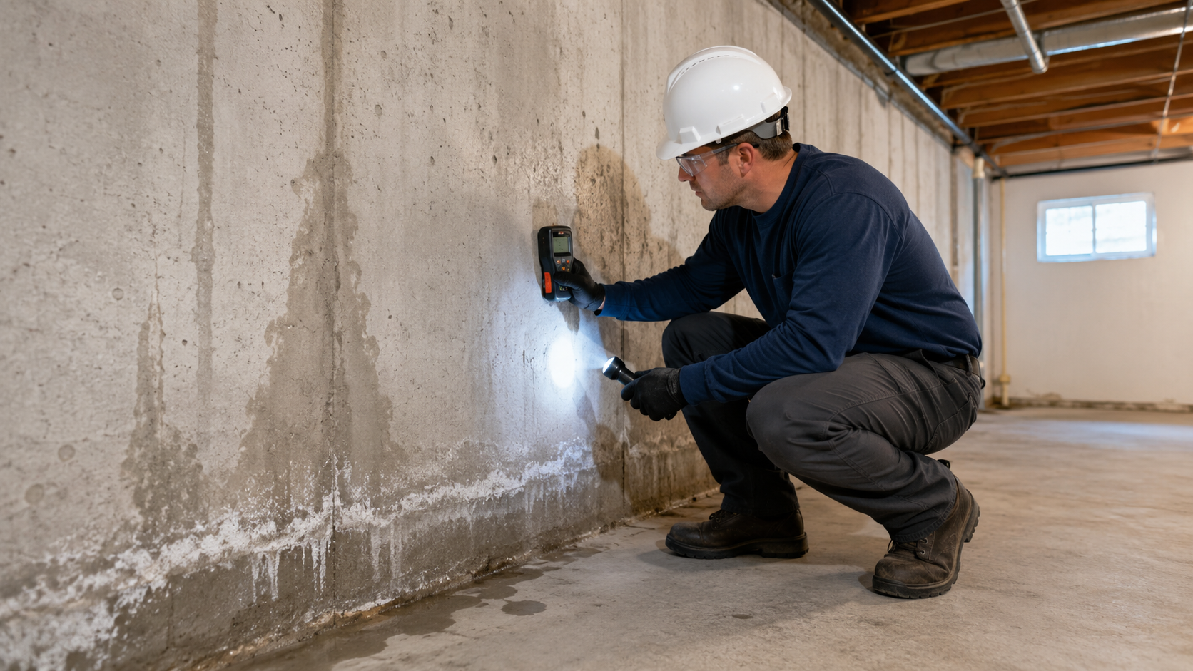 Foundation repair contractor inspecting a cracked basement wall in New Jersey