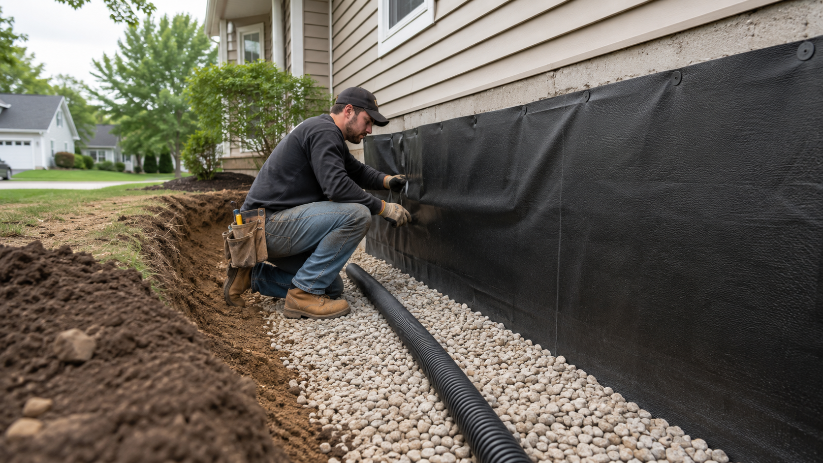 Exterior basement waterproofing and foundation drainage installation in New Jersey Title: Caption: Description: