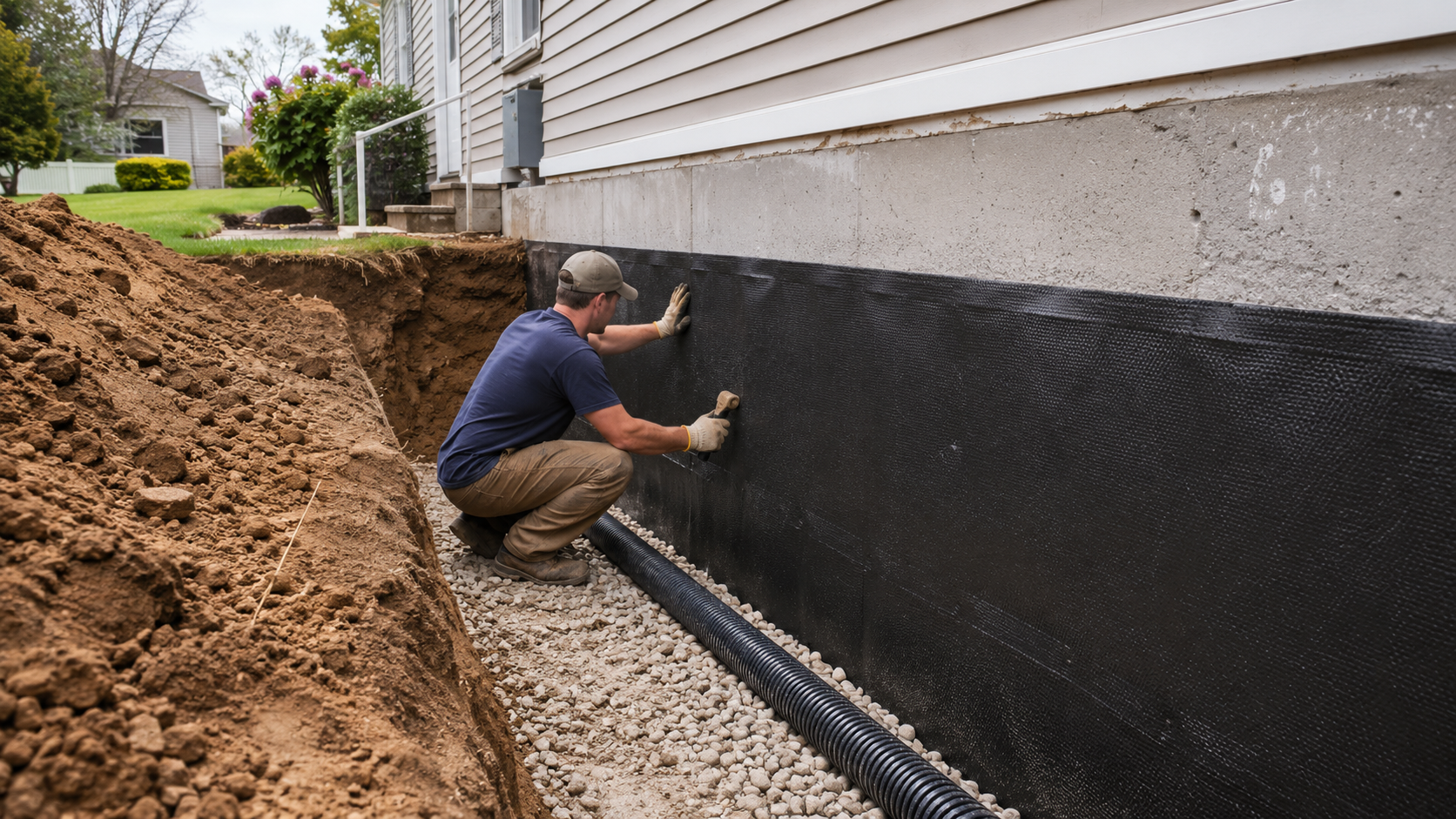 Exterior foundation waterproofing and drainage installation at a New Jersey home