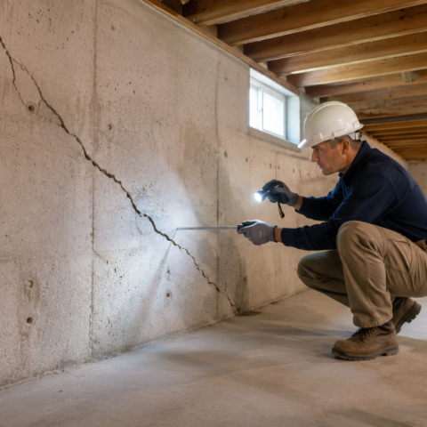Foundation repair contractor inspecting a cracked basement wall in New Jersey
