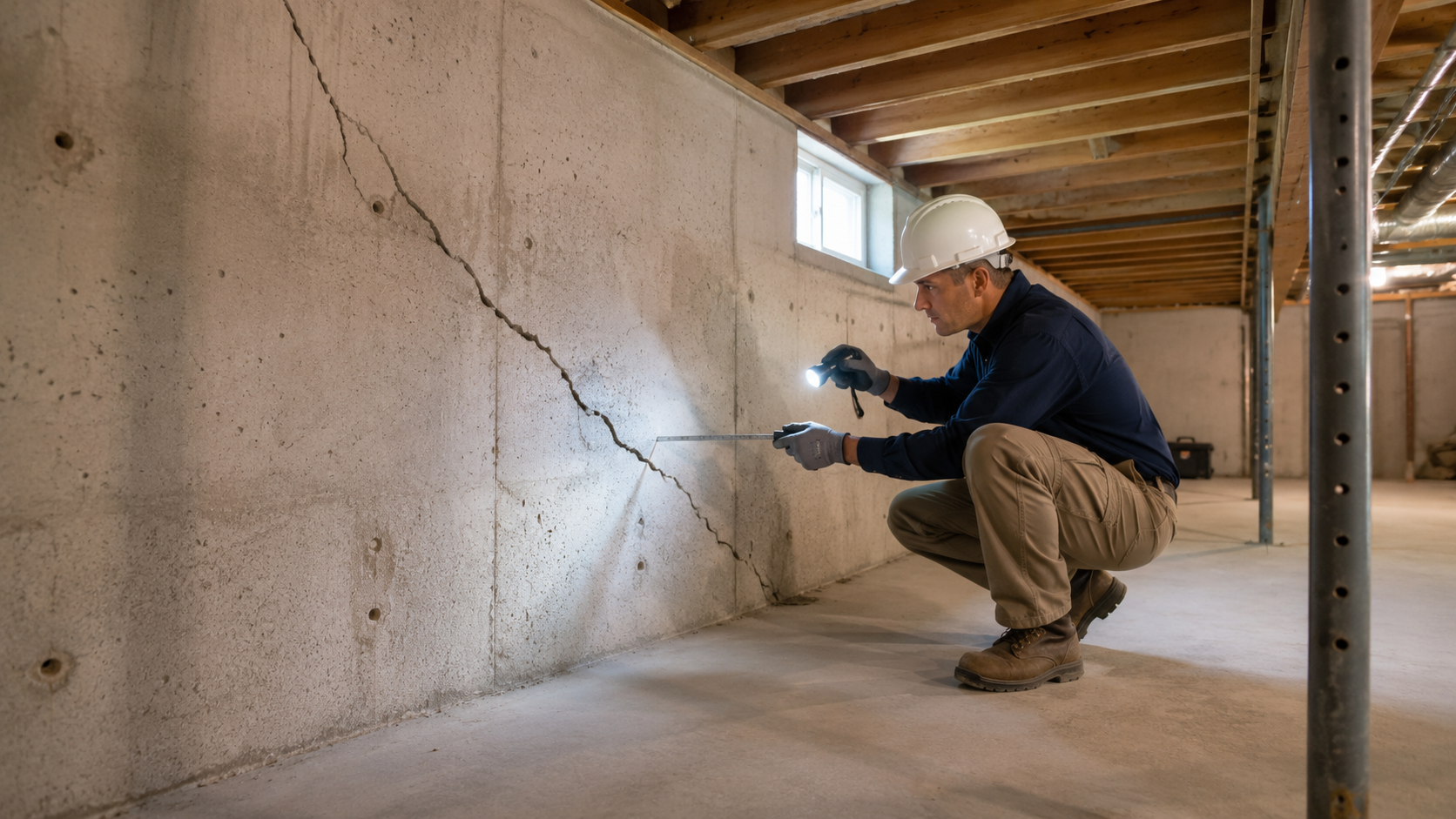 Foundation repair contractor inspecting a cracked basement wall in New Jersey