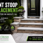 Professional front stoop replacement with brick masonry, concrete steps, and custom front entrance installed by Old Irish Paving and Masonry in Hazlet, NJ.