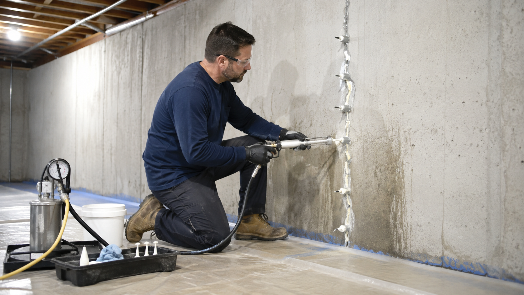 Contractor sealing a leaking foundation crack in a New Jersey basement Title: Caption: Description: