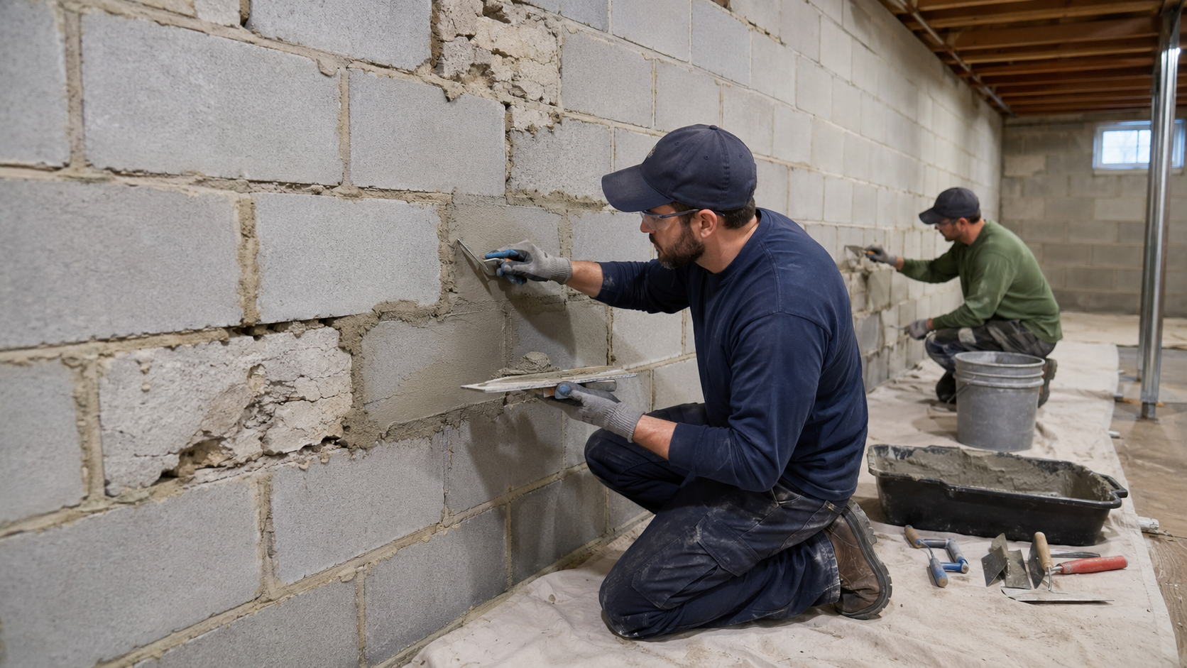 Contractors repairing a concrete block foundation wall in New Jersey